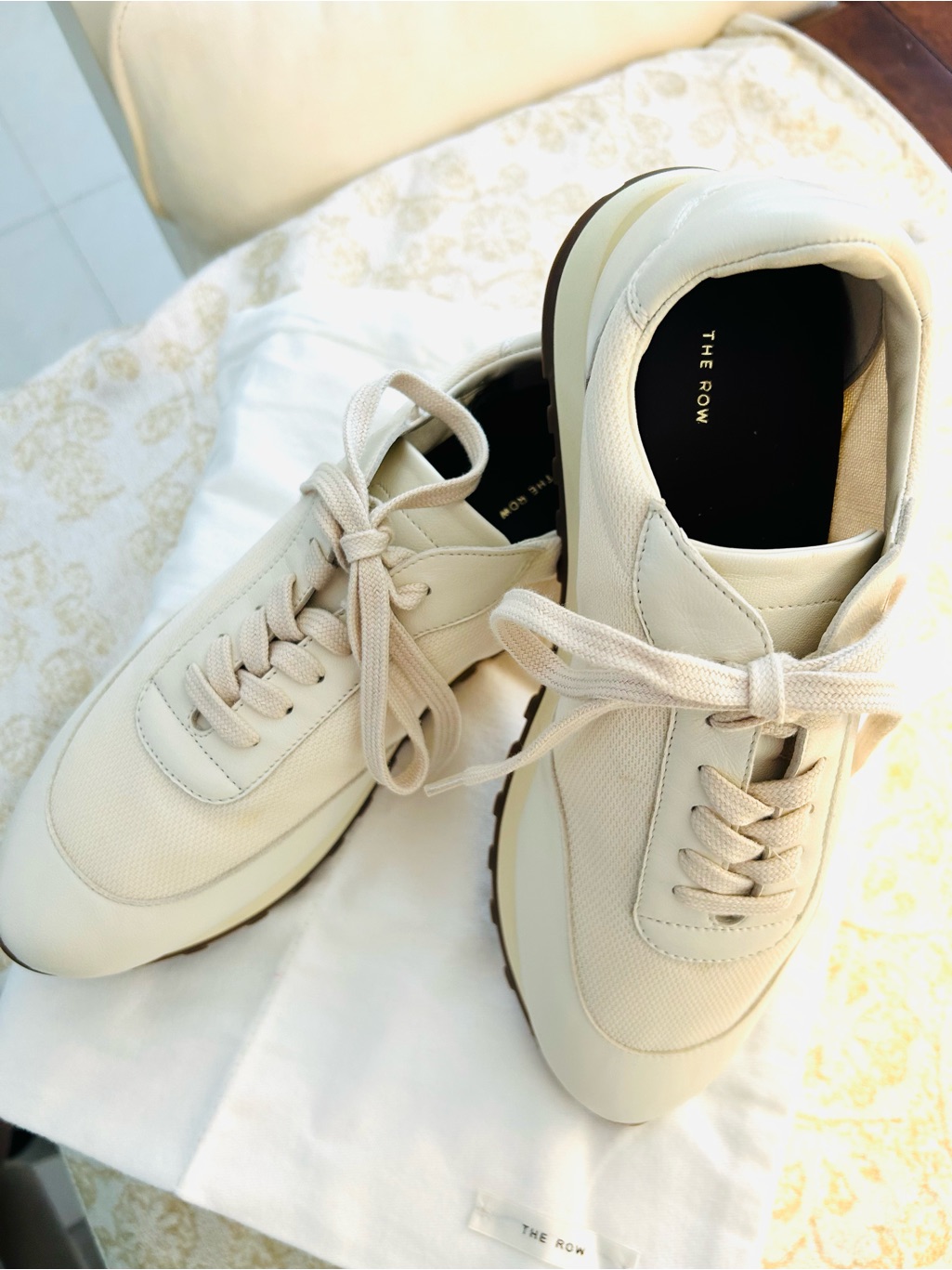 The Row Milk White/Brown Low-Top Leather & Mesh Sneakers